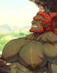  1boy abs absurdres bara blush cave crown ear_piercing earrings ganondorf ghangaji hairy highres jewelry large_areolae large_pectorals long_hair male_focus manly mature_male muscular muscular_male nipples orange_eyes pectorals piercing red_hair rock sky solo sweat sweatdrop teeth the_legend_of_zelda the_legend_of_zelda:_tears_of_the_kingdom thick_eyebrows upper_body veins 