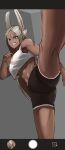  1girl abs absurdres angry animal_ears bare_arms bare_legs bare_shoulders black_shorts boku_no_hero_academia breasts clenched_teeth crop_top dark-skinned_female dark_skin highres imminent_kick kicking kneepits large_breasts long_eyelashes long_hair looking_at_viewer mirko motion_blur navel parted_bangs rabbit_ears rabbit_girl red_eyes short_shorts shorts solo soolee040995 standing standing_on_one_leg tank_top teeth thighs v-shaped_eyebrows very_long_hair white_hair white_tank_top 