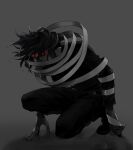  1boy boku_no_hero_academia dark eraser_head_(boku_no_hero_academia) facing_viewer goggles grey_background long_sleeves male_focus messy_hair pants red-tinted_eyewear rnuyvm scarf shirt solo spot_color squatting tinted_eyewear 