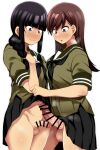  2girls absurdres bar_censor black_hair black_skirt blunt_bangs blush braid breasts brown_eyes brown_hair censored closed_mouth clothes_lift erection foreskin futa_with_female futanari highres kantai_collection kitakami_(kancolle) lifted_by_another long_hair looking_at_penis multiple_girls no_panties ooi_(kancolle) parted_lips penis penis_size_difference pleated_skirt pureone000 sailor_collar school_uniform serafuku sidelocks simple_background single_braid size_comparison skirt skirt_lift sweat white_background 