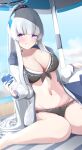  1girl alternate_costume bare_legs barefoot blue_archive from_tonkatu grey_hair halo highres long_hair looking_at_viewer mechanical_ears mechanical_halo noa_(blue_archive) purple_eyes swimsuit 