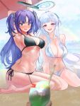  1other 2girls armpits arms_up bikini black_bikini blue_archive blush breasts cleavage grey_hair halo highres large_breasts long_hair mahiruno_okiba multiple_girls navel noa_(blue_archive) nose_blush on_ground parasol pov pov_hands purple_eyes purple_hair sensei_(blue_archive) side-tie_bikini_bottom sitting smile stomach sweatdrop swimsuit tears two_side_up umbrella underboob very_long_hair white_bikini yuuka_(blue_archive) 