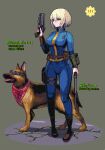  1girl baton blonde_hair blue_jumpsuit boots dog dogmeat dual_wielding e79 english_text fallout_(series) fallout_4 goggles gun handgun holding jumpsuit looking_to_the_side neckerchief pip_boy pixel_art pouch short_hair solo trigger_discipline weapon 