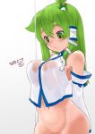  1girl antenna_hair arms_behind_back blue_bow blush bottomless bow breasts closed_mouth collared_shirt commentary_request crossed_bangs dated detached_sleeves frog_hair_ornament green_eyes green_hair grey_background hair_ornament kei_jiei kochiya_sanae large_breasts long_hair looking_down navel out-of-frame_censoring shirt sidelocks sleeve_bow sleeveless sleeveless_shirt snake_hair_ornament solo touhou upper_body water wet wet_clothes wet_shirt white_shirt white_sleeves 