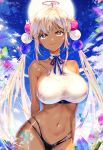  1girl absurdres bare_shoulders beach blonde_hair blue_ribbon blush breasts collarbone dark-skinned_female dark_skin day hair_ornament highres holocouncil hololive hololive_english huge_breasts large_breasts light_brown_hair limiter_(tsukumo_sana) long_hair looking_at_viewer navel outdoors planet planet_hair_ornament ribbon sidelocks smile solo sowon swimsuit tsukumo_sana twintails twitter_username very_long_hair virtual_youtuber yellow_eyes 