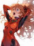  1girl arms_behind_head arms_up blue_eyes blush bodysuit breasts commentary_request hair_ornament highres long_hair looking_to_the_side neon_genesis_evangelion number_print open_mouth orange_hair red_bodysuit simple_background small_breasts solo souryuu_asuka_langley standing sweatdrop tarte_(hodarake) teeth tongue v-shaped_eyebrows white_background 