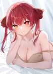  1girl absurdres bare_shoulders bed_sheet breasts cleavage closed_mouth collarbone curtains elbow_rest hair_ribbon heterochromia highres hololive houshou_marine large_breasts long_hair looking_at_viewer lying on_stomach red_eyes red_hair ribbon smile solo strap_slip twintails upper_body virtual_youtuber yellow_eyes yoshinon_(yoshinon_kotori) 