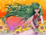  1girl alternate_hair_length alternate_hairstyle blurry blurry_background breasts closed_mouth closed_umbrella collared_shirt cowboy_shot field flower flower_field gradient_background green_hair hair_between_eyes hair_over_one_eye holding holding_umbrella kazami_yuuka light_smile long_hair long_sleeves looking_at_viewer medium_breasts mindoll neck_ribbon one-hour_drawing_challenge orange_background plaid plaid_skirt plaid_vest purple_background red_eyes red_ribbon red_skirt red_vest ribbon shirt skirt solo sunflower touhou umbrella very_long_hair vest white_shirt yellow_flower 
