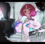  1girl absurdres apron arient5888 arima_kana blurry camera clapperboard commentary_request depth_of_field highres letterboxed oshi_no_ko red_eyes red_hair shirt short_hair tongue tongue_out translation_request v white_headwear white_shirt 