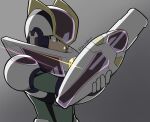  1boy absurdres arm_cannon artist_name commentary covered_mouth green_eyes helmet hermes_armor_x_(mega_man) highres male_focus mega_man_(series) mega_man_x8 mega_man_x_(series) official_alternate_costume simple_background solo ten_(ten_rockman) upper_body weapon x_(mega_man) 