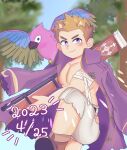  1boy bandaged_arm bandages bird blush brown_hair closed_mouth dated feet_out_of_frame gun harino_(hari10o) highres holding holding_gun holding_weapon horns jacket looking_at_viewer male_child male_focus muscular muscular_child parrot purple_eyes purple_jacket robinson_(housamo) short_hair smirk solo tokyo_afterschool_summoners torn_clothes weapon 
