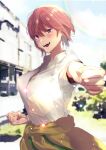  1girl absurdres blue_eyes blurry blurry_background blush breasts cleavage clenched_hands clothes_around_waist fangs go-toubun_no_hanayome green_skirt highres large_breasts lens_flare light_particles looking_at_viewer nakano_ichika nununu_(nununu386) open_mouth outdoors pink_hair reaching reaching_towards_viewer shirt short_hair short_sleeves skirt sky solo sweater sweater_around_waist white_shirt 
