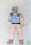  absurd_res afghan_hound anthro belt black_nose blue_clothing blue_shirt blue_topwear bottomwear brown_clothing brown_eyes brown_footwear brown_shoes bulge canid canine canis clothed clothing container cup dashthefox disposable_cup domestic_dog fingers fluffy footwear fur hi_res holding_container holding_cup holding_object hunting_dog long_ears looking_at_viewer male mammal manly muscular muscular_anthro muscular_male pants scarf shirt shoes sighthound simple_background smile tail tan_body tan_fur topwear traditional_media_(artwork) tuft 