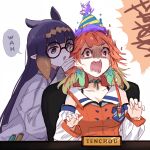  2girls blunt_bangs bow_choker breasts chestnut_mouth coat detached_sleeves earrings english_text feather_earrings feathers green_hair hat hololive hololive_english jewelry lab_coat large_breasts long_hair multicolored_hair multiple_girls name_tag ninomae_ina&#039;nis open_mouth orange_hair orange_shirt party_hat purple_hair round_eyewear shirt speech_bubble surprised takanashi_kiara takanashi_kiara_(1st_costume) very_long_hair virtual_youtuber whispering white_background white_coat white_sleeves yuuyu_(777) 