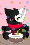  anonymous_artist anthro azki_(azki_wolf) black_body black_fur cake candle canid canine canis confetti dessert food fur heterochromia low_res mammal pawpads plushie red_scarf scarf simple_background solo solo_focus white_body white_fur wolf 