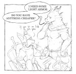  abs anthro canid canine comic dialogue digital_drawing_(artwork) digital_media_(artwork) dungeons_and_dragons duo flirting fox genitals greyscale hand_on_penis hasbro horn larger_anthro male male/male male_anthro mammal measuring measuring_penis melee_weapon merchant monochrome muscular pecs penis reptile scaleman_etal_(artist) scalie simple_background size_difference smaller_anthro speech_bubble sword weapon wizards_of_the_coast 