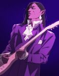  1boy ascot brown_hair castlevania:_nocturne closed_eyes dark-skinned_male dark_skin denimcatfish earrings instrument instrument_request jewelry long_hair male_focus music olrox playing_instrument pointy_ears purple_theme single_earring solo suit upper_body 
