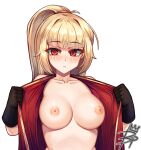  1girl beta_(maplestory) black_gloves blonde_hair blush breasts breasts_out gloves hair_tie highres long_hair maplestory mastgg open_clothes parted_lips ponytail red_eyes solo teeth upper_body vest white_background 