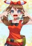  1girl bandana blue_eyes blush bow_hairband breasts brown_hair fanny_pack grey_eyes hairband hands_up lex_suri12 looking_at_viewer may_(pokemon) open_mouth pokemon pokemon_(game) pokemon_oras red_bandana red_hairband red_shirt shirt short_hair sleeveless smile solo upper_body 