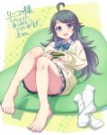  1girl absurdres ahoge bean_bag_chair blue_bow blue_bowtie blush bow bowtie breasts commission controller convenient_leg e20 feet full_body game_controller green_hair highres holding holding_controller holding_game_controller inohara_koboshi knees_together_feet_apart knees_up long_sleeves looking_at_viewer medium_breasts ongeki open_mouth parted_bangs patterned_background pleated_skirt second-party_source shadow sitting skeb_commission skirt socks solo striped striped_bow striped_bowtie swept_bangs thighs toenails toes unworn_socks white_socks yellow_background 
