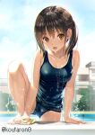 1girl :d bare_arms bare_legs bare_shoulders barefoot black_hair blue_one-piece_swimsuit blue_sky breasts brown_eyes brown_hair chain-link_fence cloud cloudy_sky collarbone commentary_request day fence koutaro long_hair medium_breasts multicolored_hair old_school_swimsuit one-piece_swimsuit original outdoors pool poolside school_swimsuit sky smile solo streaked_hair swimsuit twitter_username wet wet_clothes wet_swimsuit 