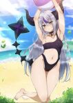  1girl ball beach beachball blush breasts choker demon_girl demon_horns grey_hair hair_between_eyes highres hololive horns la+_darknesss leaf long_hair looking_at_viewer multicolored_hair naoillus navel one-piece_swimsuit outdoors pointy_ears purple_hair small_breasts solo streaked_hair striped_horns swimsuit tail very_long_hair virtual_youtuber yellow_eyes 