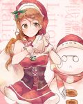  1girl blush brown_eyes brown_hair character_name closed_mouth fringe_trim hat holding holding_sack italia_(kancolle) itomugi-kun kantai_collection littorio_(kancolle) long_hair official_alternate_costume pince-nez pom_pom_(clothes) red_headwear sack santa_costume santa_hat scarf smile snowman solo the_roma-like_snowman 