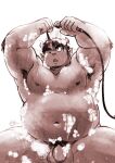  anthro armpit_hair balls bathing belly body_hair bubble flaccid genitals hi_res hikoero777 horn horned_humanoid humanoid humanoid_pointy_ears lifewonders male moobs navel nipples nude overweight penis shower showering solo tetsuox tokyo_afterschool_summoners 