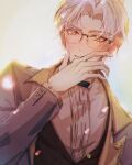  1boy brown_jacket brown_vest closed_mouth formal glasses highres jacket long_sleeves looking_at_viewer male_focus mole mole_under_eye ruriswhite shirt short_hair solo tears_of_themis upper_body vest vyn_richter_(tears_of_themis) white_background white_hair white_shirt yellow_eyes 