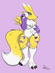  3_toes anthro bandai_namco blue_eyes breasts canid canine clothing daison_the_fox digimon digimon_(species) feet female fur handwear hi_res looking_at_viewer mammal renamon simple_background solo toes white_body white_fur wide_hips yellow_body 