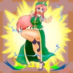  absurdres bad_anatomy black_footwear blue_eyes breasts chinese_clothes cuchu dress green_dress hat highres hong_meiling large_breasts legs light red_hair simple_background smile star_(symbol) thick_thighs thighs thunder touhou watermark 