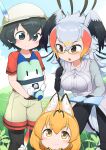  3girls :3 animal_ears bird_girl bird_tail bird_wings black_gloves black_hair black_pants black_pantyhose blue_eyes blush bow bowtie brown_eyes cat_ears cat_girl chis_(js60216) coat gloves grey_hair grey_shorts hair_between_eyes head_wings helmet highres kaban_(kemono_friends) kemono_friends long_coat long_hair lucky_beast_(kemono_friends) multicolored_hair multiple_girls orange_bow orange_bowtie pants pantyhose pith_helmet print_bow print_bowtie quill red_hair red_shirt secretarybird_(kemono_friends) semi-rimless_eyewear serval_(kemono_friends) serval_print shirt short_hair short_sleeves shorts smile t-shirt tail white_coat wings writing yellow_eyes 