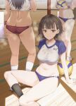  3girls ass ball black_hair black_socks blush breasts brown_eyes commentary_request hair_ornament hairclip holding holding_ball inu_(aerodog) long_hair looking_at_viewer medium_breasts midriff mole mole_on_thigh multiple_girls on_floor original sitting socks sportswear standing sweat thighs volleyball volleyball_(object) volleyball_uniform white_socks 