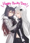  2girls anger_vein ark_mmmm arknights black_hair black_jacket black_nails black_shirt coat colored_tips food food_in_mouth fur-trimmed_coat fur_trim heart highres hug jacket jewelry lappland_(arknights) long_hair mouth_hold multicolored_hair multiple_girls necklace official_alternate_costume pocky pocky_in_mouth rejection shirt simple_background sweat texas_(arknights) texas_(winter_messenger)_(arknights) white_background white_coat white_hair winter_clothes winter_coat yellow_eyes yuri 
