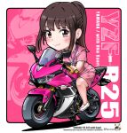  1girl absurdres animification blue_eyes character_name deformed dress english_commentary ground_vehicle highres long_hair motor_vehicle motorcycle nurse oku_saori oteki_shibatarou pink_dress pink_eyes ponytail real_life shadow shoes solo stethoscope vehicle_focus vehicle_name white_footwear yamaha yamaha_yzf-r25 