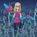  1girl alternate_costume black_pantyhose blonde_hair blue_gloves bright_pupils closed_mouth collarbone commentary dress expressionless ffccll gloves grey_eyes half-closed_eyes holding holding_tablet_pc long_hair looking_at_viewer mina_(pokemon) pantyhose pink-tinted_eyewear pink_dress pokemon pokemon_(game) pokemon_masters_ex pokemon_sm porygon-z sunglasses tablet_pc tinted_eyewear white_pupils 