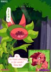  absurd_res amaryllis_(lustragon) anthro breasts comic comic_panel dialogue digital_drawing_(artwork) digital_media_(artwork) dragon duo featureless_breasts female gesture green_eyes hair hi_res horn leaf lustragon male nude outside pink_body plant pointing red_hair scalie sharp_teeth snappy_(lustragon) speech_bubble teeth text thorns tongue tree watermark wings 
