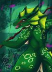  anthro back blue_eyes breasts butt dragheti dragon female flower forest forest_background forest_dragon frill_(anatomy) genitals hi_res horn jungle magic_user markings nature nature_background open_mouth penis plant solo spots spotted_body tree valynia_(xander45) witch wooden_shaft 