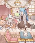  2girls :&gt; :d ^_^ ahoge animal_ear_fluff animal_ears barefoot bead_bracelet beads bed black_bow black_ribbon blue_bow blue_bowtie blue_hair blush bow bowtie bracelet brown_dress cable_knit canopy_bed cardigan cat_ears cellphone chair closed_eyes closed_mouth collared_shirt commentary_request cushion dress ear_piercing expressionless extra_ears feet frilled_dress frills grey_cardigan grey_eyes grey_hair hair_between_eyes hair_bow hand_up hat heart heart_ahoge highres holding holding_phone hololive index_finger_raised indoors jewelry lamp lantern lion_ears long_bangs long_hair long_sleeves lying multicolored_hair multiple_girls neck_ribbon necklace on_bed on_stomach open_cardigan open_clothes open_mouth parted_bangs phone piercing pillow pinafore_dress pointy_ears poking ribbon shirt shishiro_botan shishiro_botan_(4th_costume) sidelocks sitting sleeveless sleeveless_dress sleeves_past_wrists smartphone smile ssrb_(shishiro_botan) streaked_hair table toes two_side_up virtual_youtuber wariza white_headwear white_shirt window wing_collar yukihana_lamy yukihana_lamy_(3rd_costume) yukimin_(yukihana_lamy) yurai0739 