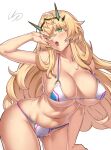  1girl bare_shoulders barghest_(fate) barghest_(swimsuit_archer)_(fate) bikini blonde_hair breasts cleavage collarbone fate/grand_order fate_(series) ge_(zmq67911029) green_eyes horns large_breasts long_hair looking_at_viewer multicolored_bikini multicolored_clothes navel open_mouth solo swimsuit thighs tongue tongue_out white_bikini 