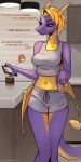  activision alcohol anthro beverage big_breasts blonde_hair breasts clothed clothing container crossgender dragon duo female hair hi_res horn membrane_(anatomy) membranous_wings mtf_crossgender phone purple_body purple_scales scales scalie solo spyro spyro_the_dragon sukiskuki tail text texting topwear western_dragon wings 