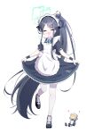  &lt;key&gt;_(robot)_(blue_archive) 1girl 525_woiwo absurdres alternate_costume apron aris_(blue_archive) aris_(maid)_(blue_archive) black_dress black_hair blue_archive closed_eyes dress enmaided facing_viewer frilled_apron frilled_dress frills full_body halo happy highres leg_up long_hair maid maid_apron maid_headdress mary_janes open_mouth ponytail shoes short_sleeves skirt_hold smile solo standing standing_on_one_leg very_long_hair white_apron white_background wristband 