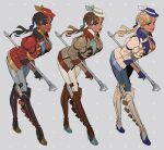  1girl alternate_color alternate_hairstyle animification apex_legends black_footwear black_gloves blonde_hair blue_eyes blue_gloves blue_headwear blue_panties bootlegger_loba boots breasts brown_footwear brown_gloves brown_hair brown_headwear brown_jacket brown_pants brown_ribbon cleavage dark-skinned_female dark_skin gloves green_ribbon grey_background hat highres jacket knee_boots leaning_forward loba_(apex_legends) looking_at_viewer medium_breasts mini_hat panties pants pinstripe_jacket pinstripe_pattern red_eyes red_headwear red_jacket red_lips ribbon smile staff striped tan thundergotch twintails underwear variations white_ribbon 