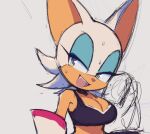  2023 anthro bat bodily_fluids bra breasts cleavage clothed clothing eyeshadow female fur makeup mammal narrowed_eyes open_mouth open_smile rouge_the_bat sega simple_background smile solo sonic_the_hedgehog_(series) sports_bra sweat tan_body tan_skin underwear white_body white_fur zzavok 