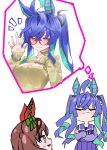  2girls :3 @_@ absurdres aged_up ahoge alternate_costume animal_ears aqua_hair bespectacled blue_eyes blue_hair blush bow bowtie brown_hair casual cleavage_cutout closed_eyes closed_mouth clothing_cutout crossed_arms crossed_bangs ear_covers fang fang_out glasses hair_between_eyes hair_tie half-closed_eyes heterochromia highres homozerion horse_ears horse_girl jewelry long_hair long_sleeves looking_at_viewer multicolored_hair multiple_girls nice_nature_(umamusume) pleated_skirt purple_bow purple_bowtie purple_shirt purple_skirt red-framed_eyewear red_eyes ring round_eyewear sailor_collar school_uniform shirt short_hair sidelocks skirt sleeves_past_wrists smile sweatdrop sweater thought_bubble tracen_school_uniform turtleneck turtleneck_sweater twin_turbo_(umamusume) twintails two-tone_hair umamusume upper_body waving wedding_ring white_sweater yellow_eyes 