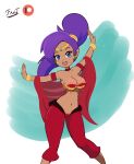  belly_dancer big_breasts breasts camel_toe fantharubi female genie hair harem_outfit hi_res humanoid humanoid_pointy_ears not_furry open_mouth open_smile ponytail purple_hair shantae shantae_(series) simple_background smile solo wayforward 