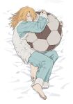  1girl ball barefoot bed_sheet closed_eyes cushion highres idolmaster idolmaster_cinderella_girls light_oooo lying medium_hair object_hug on_side orange_hair pajamas sleeping soccer_ball solo yuuki_haru 