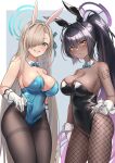  2girls absurdres adjusting_clothes animal_ears asuna_(blue_archive) asuna_(bunny)_(blue_archive) bare_shoulders black_hair black_leotard blue_archive blue_bow blue_bowtie blue_eyes blue_leotard blush bow bowtie breasts cleavage closed_mouth clothes_pull cowboy_shot dark_skin detached_collar fake_animal_ears fake_tail fishnet_pantyhose fishnets furrowed_brow gloves gradient_hair grin hair_between_eyes hair_over_one_eye hair_ribbon halo highleg highleg_leotard highres karin_(blue_archive) karin_(bunny)_(blue_archive) large_breasts leotard light_brown_hair long_bangs long_hair looking_at_viewer mole mole_on_breast mr2d multicolored_hair multiple_girls orange_eyes pantyhose pink_hair playboy_bunny ponytail rabbit_ears rabbit_tail ribbon simple_background smile tail thighband_pantyhose traditional_bowtie very_long_hair white_gloves 