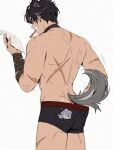  1boy ass bandaged_hand bandaged_neck bandages bara black_hair black_male_underwear dog_boy dog_tail genshin_impact grey_hair hand_under_clothes highres holding male_focus male_underwear multicolored_hair muscular muscular_male paper scar scar_on_arm scar_on_back scar_on_leg short_hair solo tail toothbrush toothbrush_in_mouth two-tone_hair underwear wriothesley_(genshin_impact) yoma_0_0 