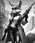  airsoftfox anthro black_and_white bottomwear canid canine clothing denim denim_clothing dipstick_ears dipstick_tail female fox gloves gun handwear jackie_thornburn_(airsoftfox) jeans mammal markings melee_weapon monochrome multicolored_ears overcoat pants ranged_weapon red_fox rifle scarf shirt solo tail tail_markings topwear weapon white_clothing white_shirt white_topwear 